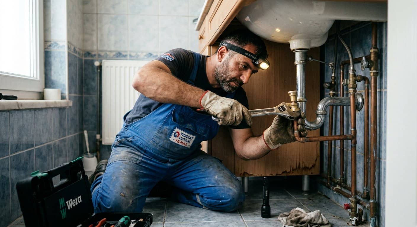 Boru tamiri yapan tesisatçı